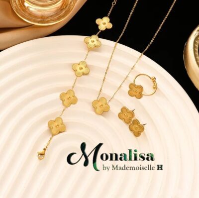 Set de 5 piezas: Gargantilla, Dije, Aretes, Pulsera, Anillo Ajustable   Acero Inoxidable Enchapado en Oro 18K 